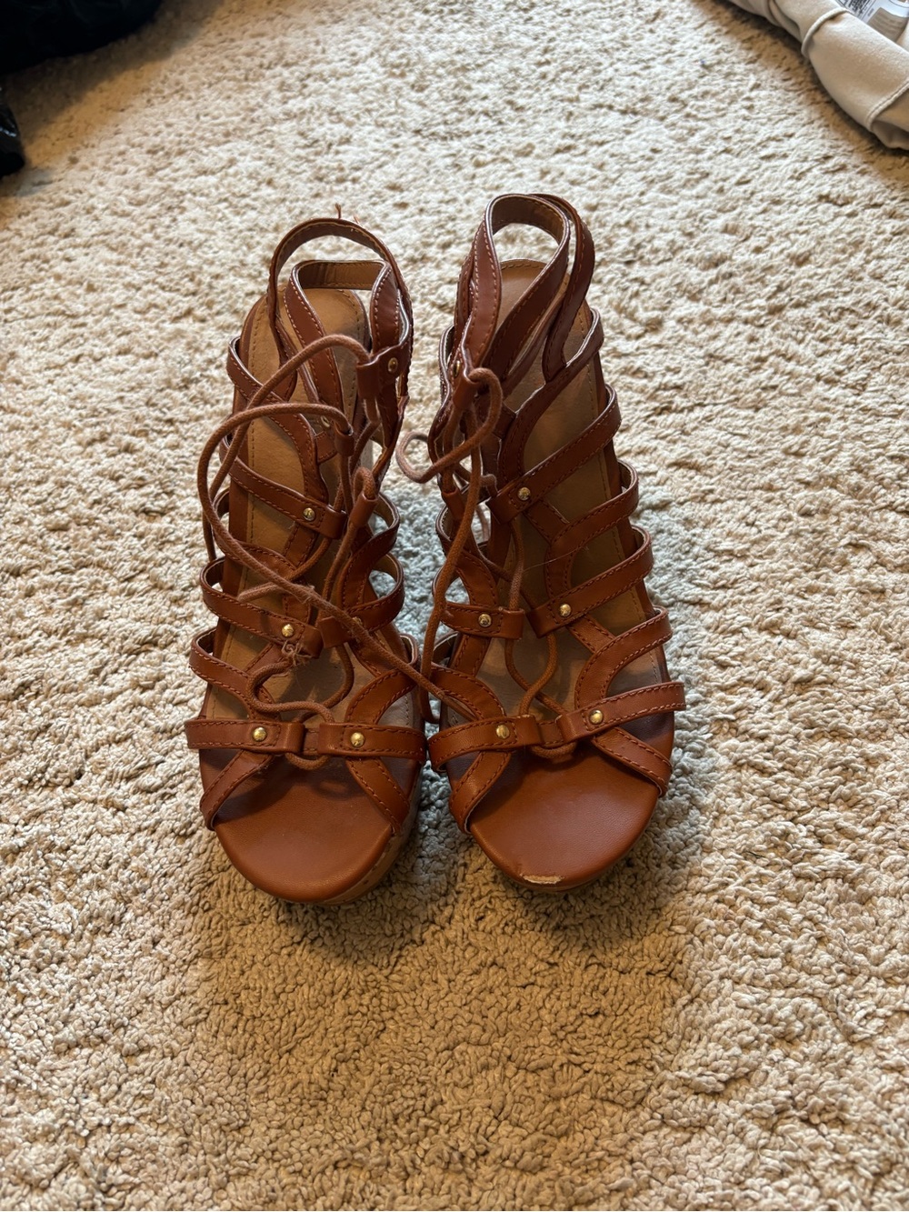 Brash Brown Strappy Lace-Up Gladiator Wedge Sandals